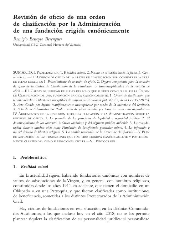 2018_03_Revision_de_oficio_de_una_orden_de_clasificacion_por_la_Administracion_de_una_fundacion_erigida_canonicamente